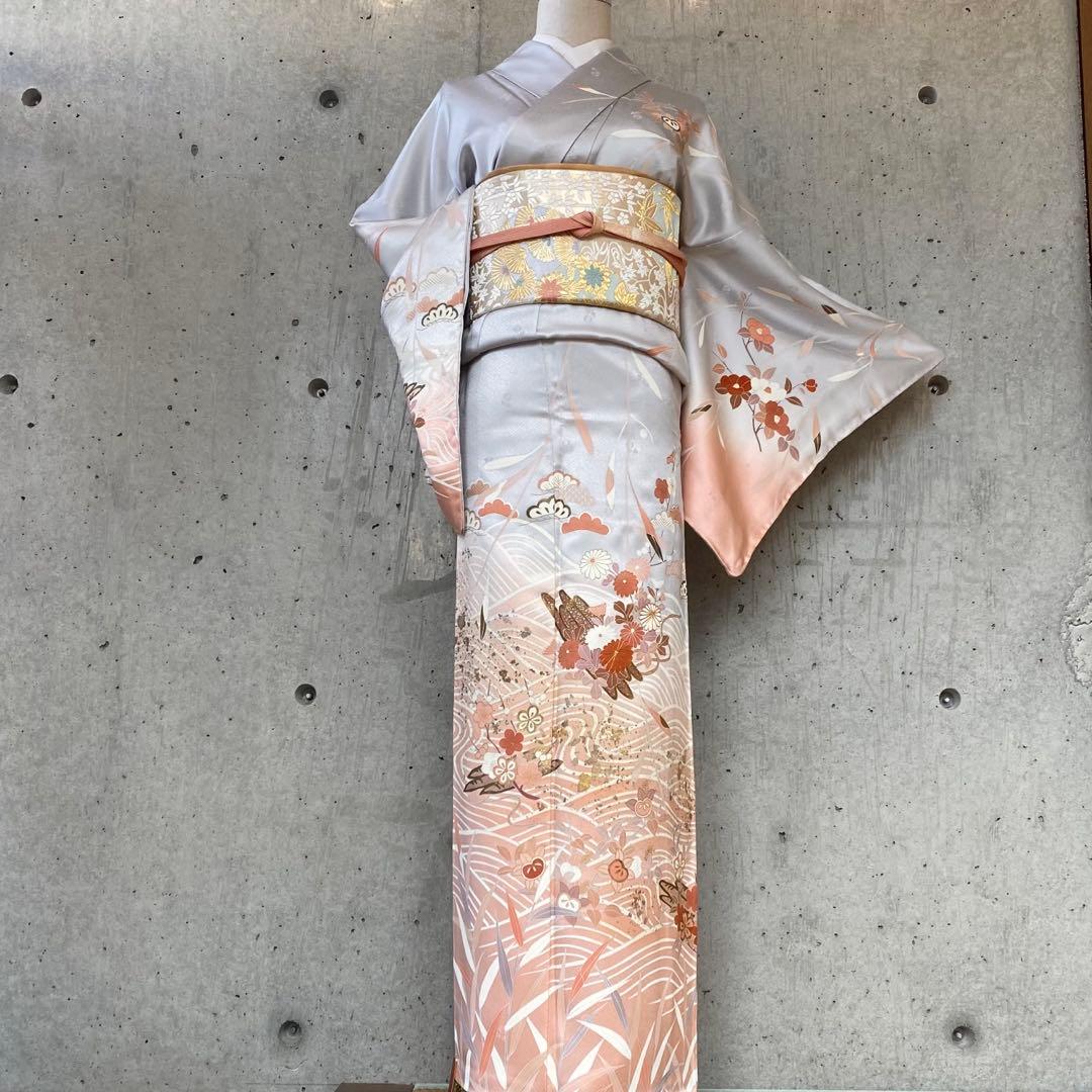 正絹　訪問着　一部金駒　薄いブルーグレー　袷