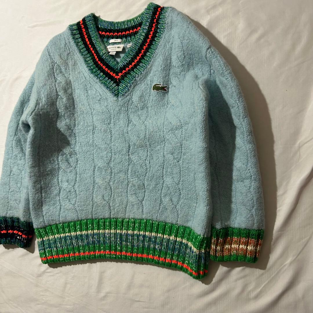 完売品 Lacoste デコラティブリブニットチルデンセーター ウール ロゴあり
