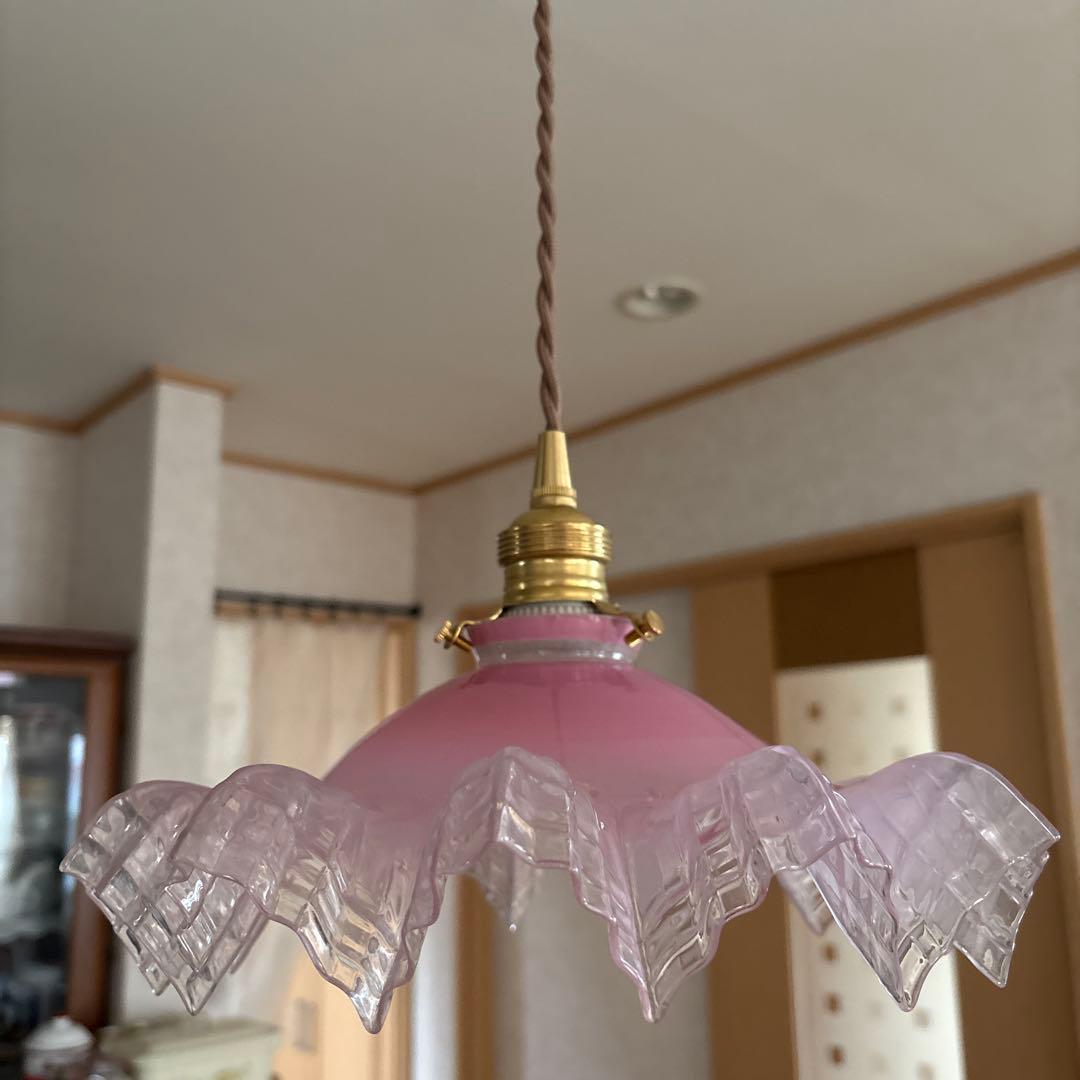 フランスアンティーク　オパールセントガラスシェード　ペンダントランプ