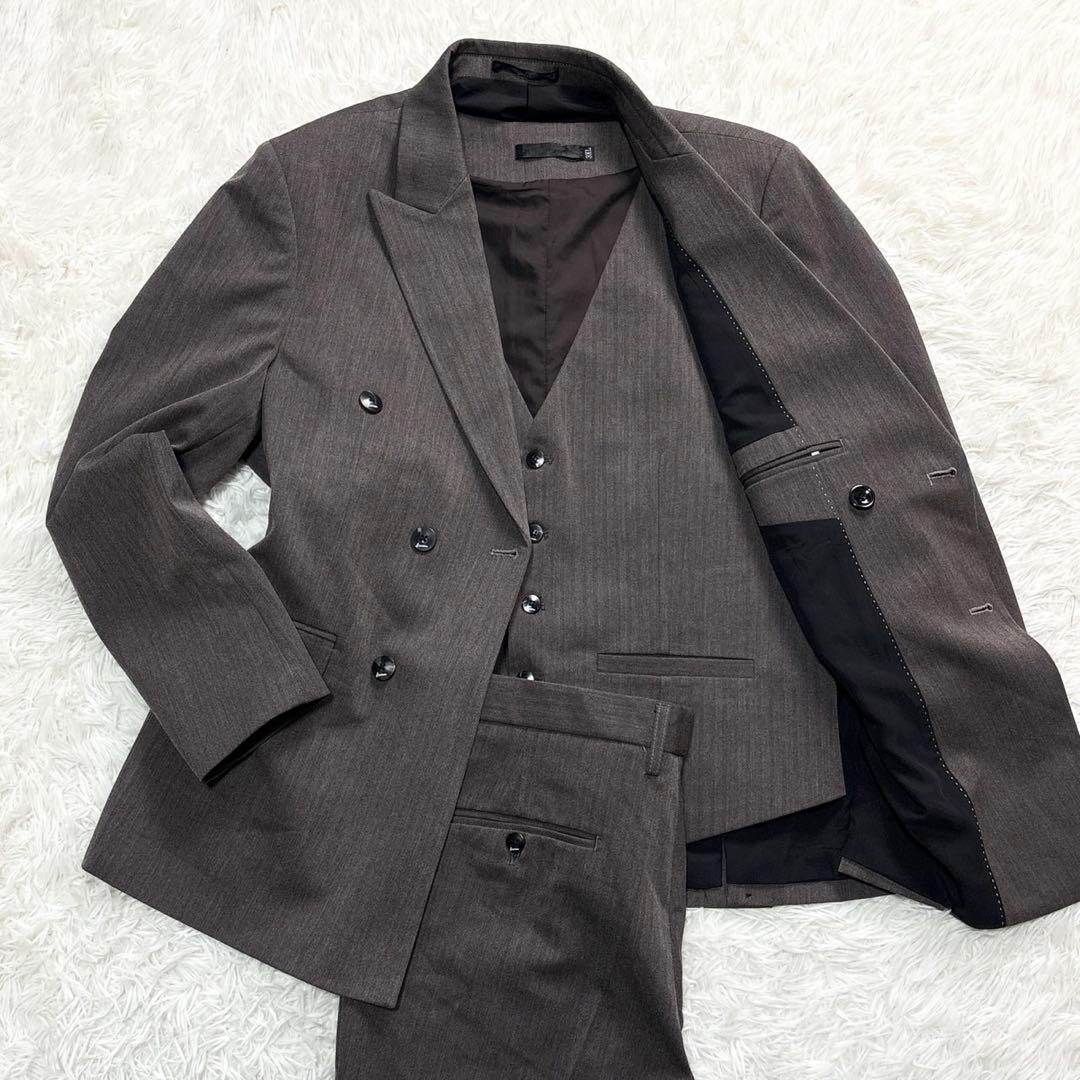 【美品】スーツ セットアップ スリーピース ヘリンボーン ダブル 総裏 ブラウン