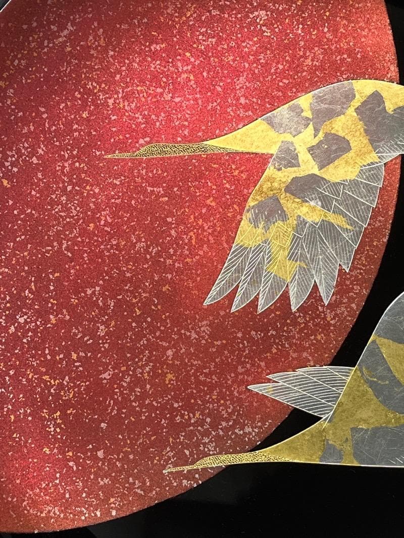 【未使用新品】輪島塗 沈金 飾皿 日ノ出鶴　伝統工芸士 沈金 友田裕次作