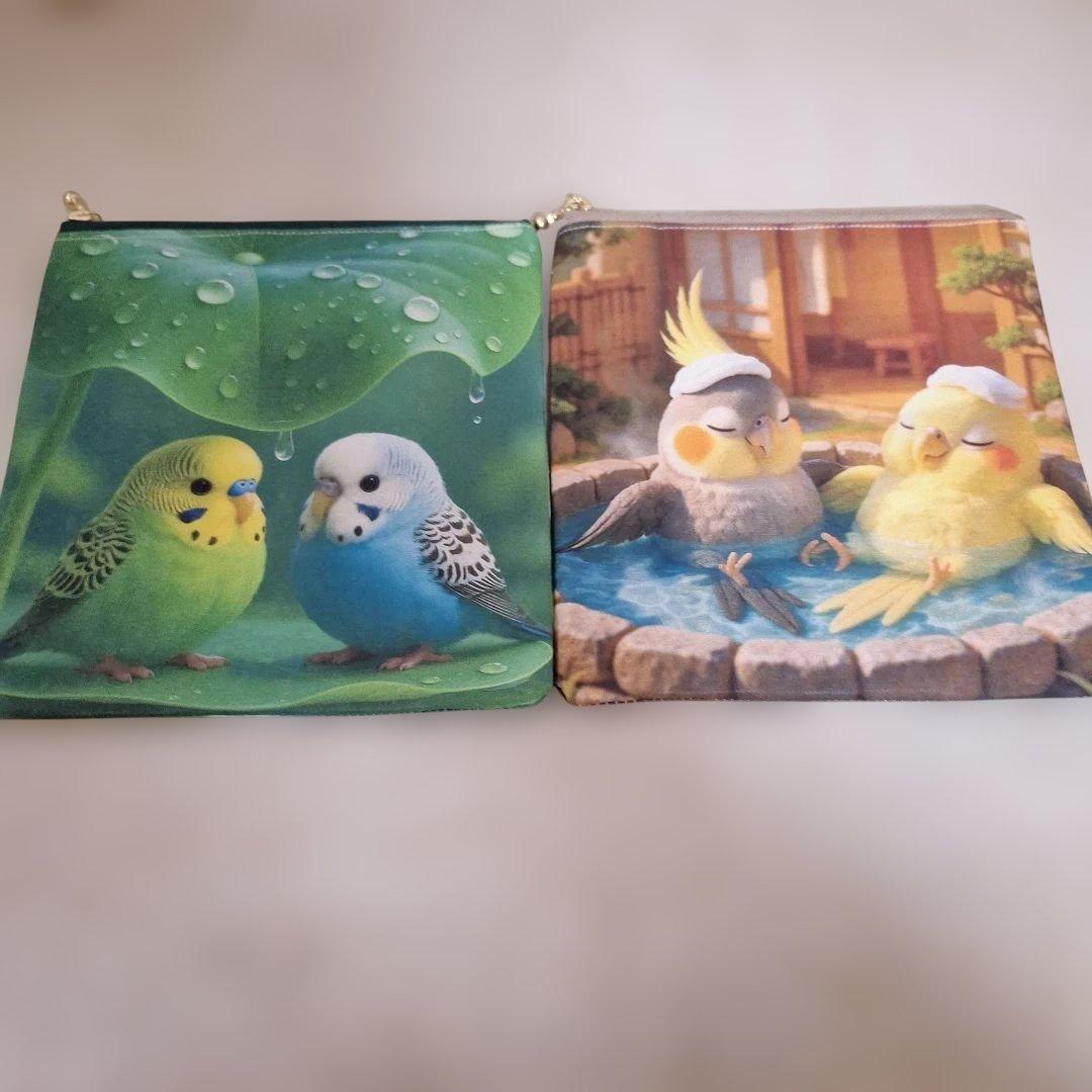 インコパネル生地　ハンドメイド　まちなしバッグ　フラットポーチ