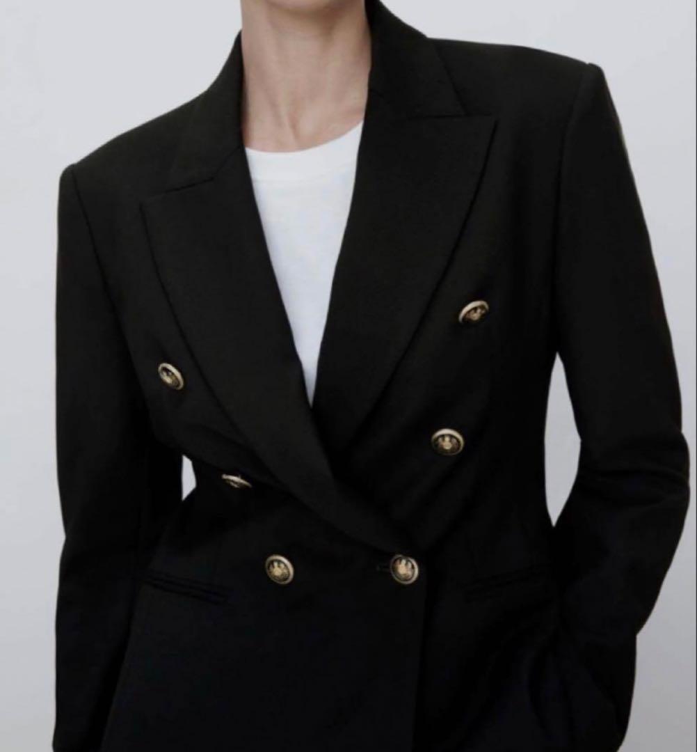 ZARA ダブルブレストブレザー ジャケット 金ボタン 黒 L