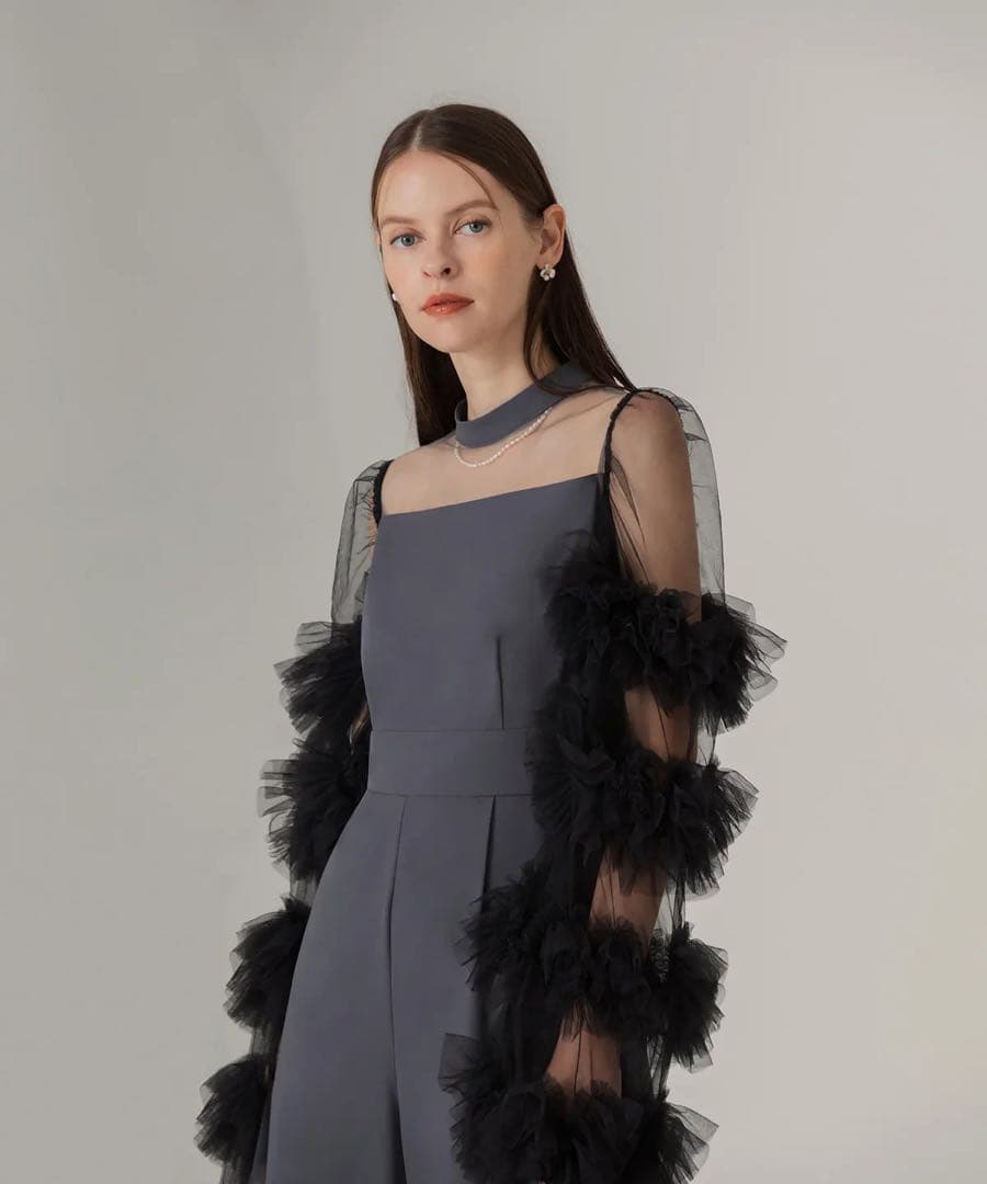 LEJA ボリュームチュールスリーブオールインワンパンツドレス