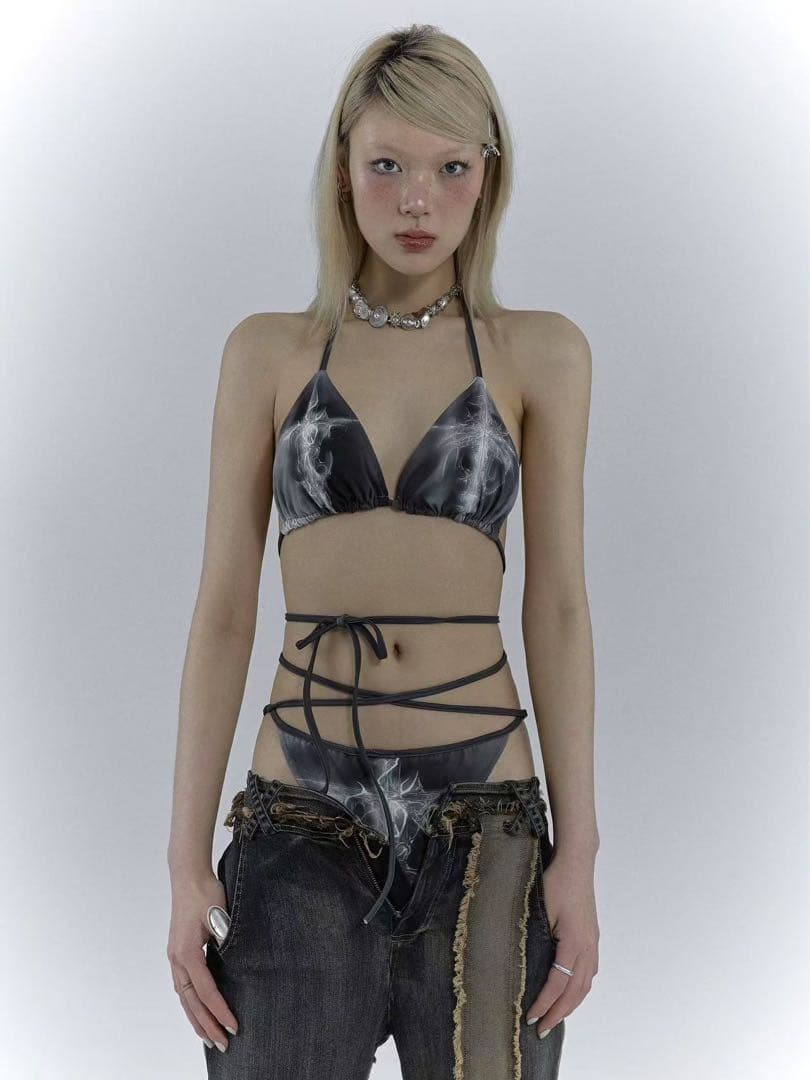 NO ROMANCE Y2Kギャルストラップビキニ水着セットブラック十字架