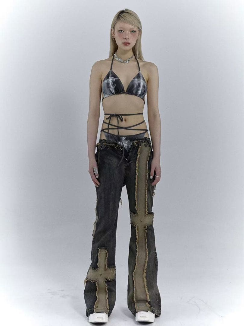 NO ROMANCE Y2Kギャルストラップビキニ水着セットブラック十字架