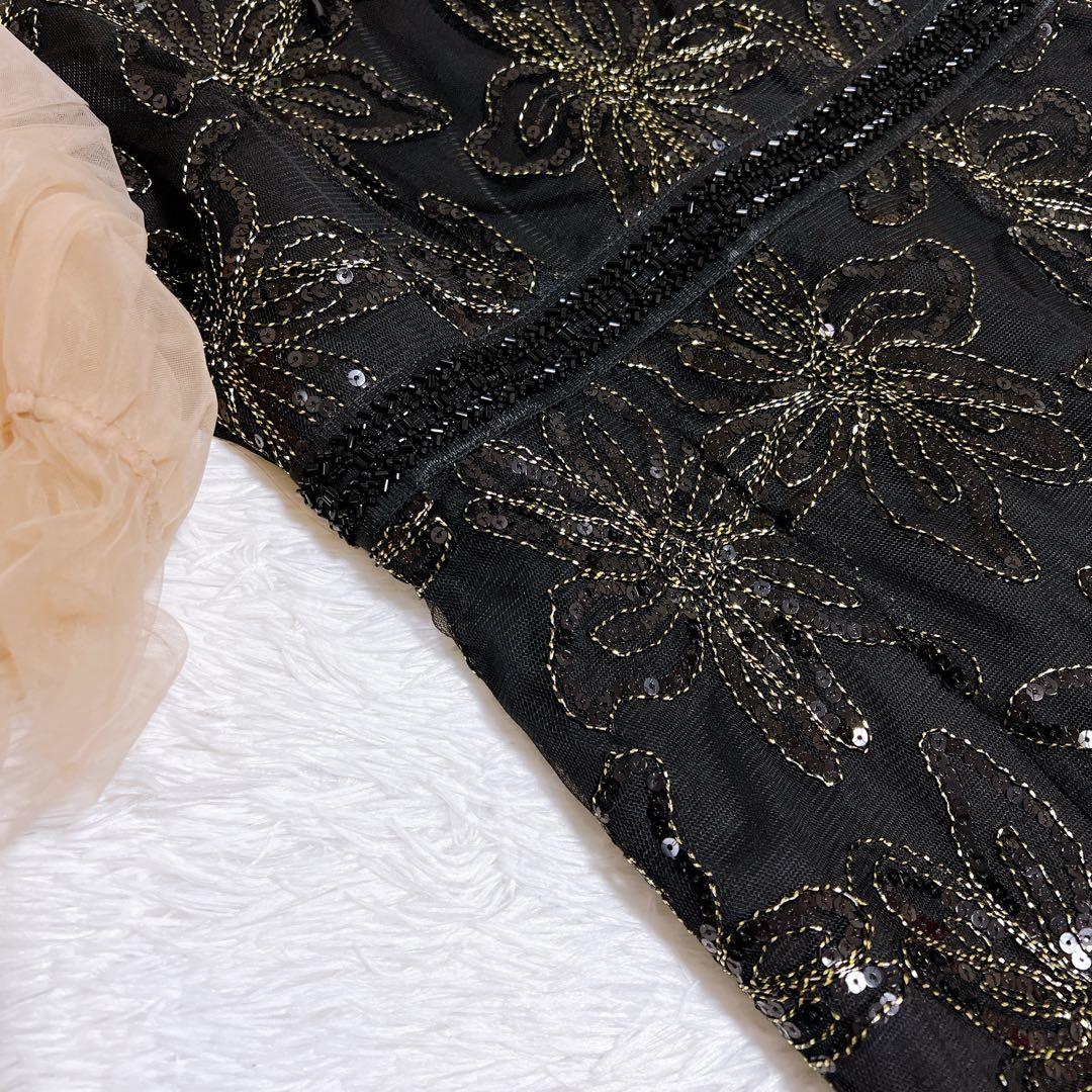 【Laja】スパンコールリボンチュールワンピースドレス