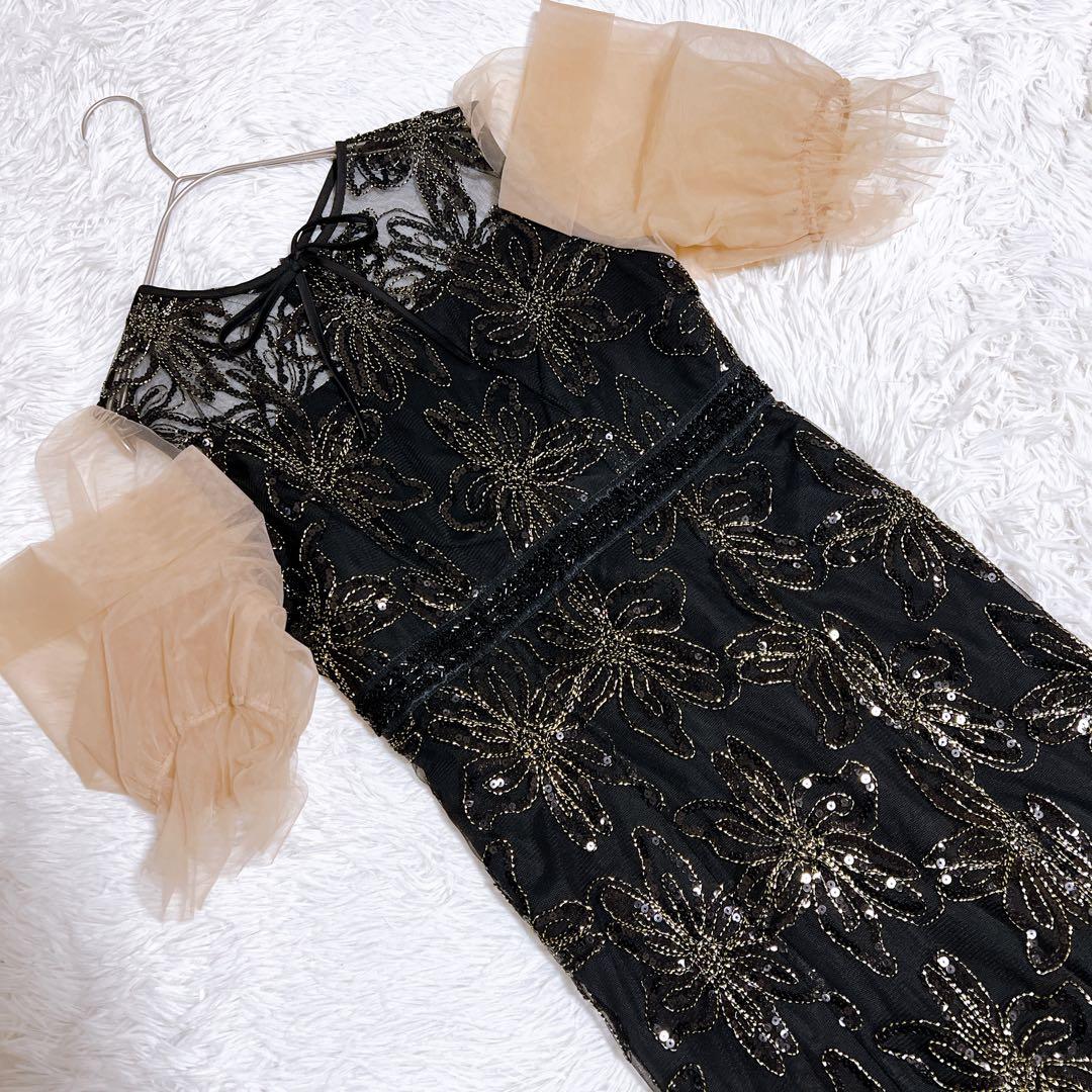 【Laja】スパンコールリボンチュールワンピースドレス