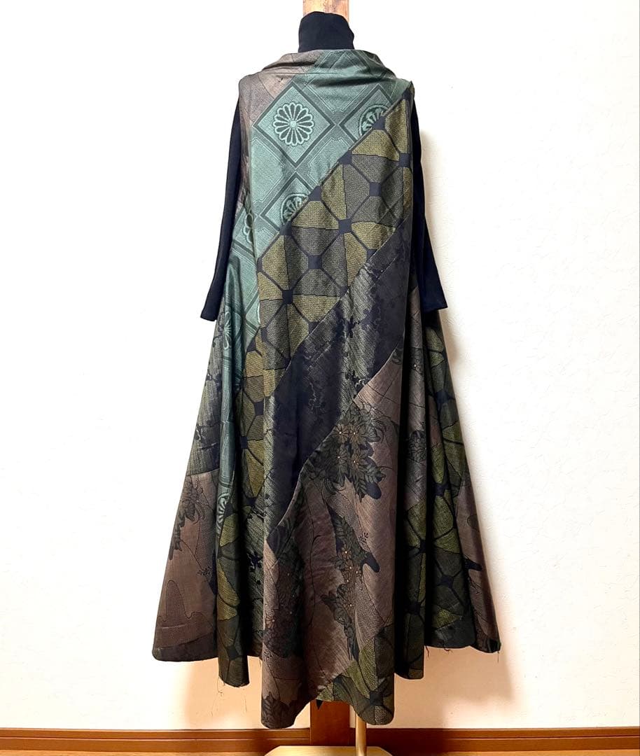 大島紬　パッチワークドレス　着物リメイク