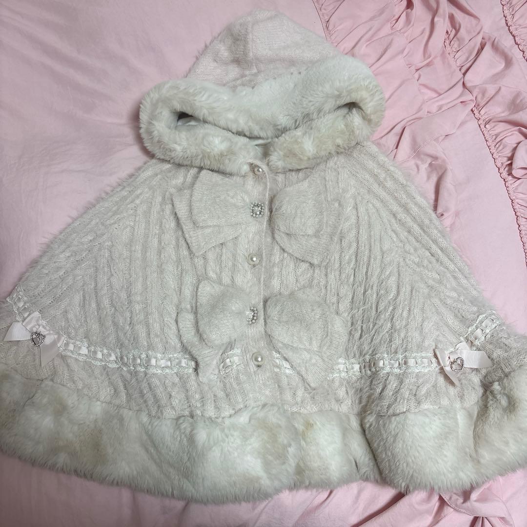 【LIZLISA】リズリサ ダブルリボンニットファーポンチョ ピンク