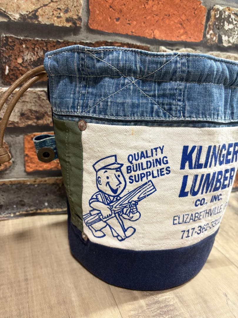 USEDデニム×ビンテージエプロン×本革リメイク　巾着バッグ