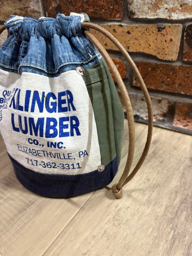 USEDデニム×ビンテージエプロン×本革リメイク　巾着バッグ