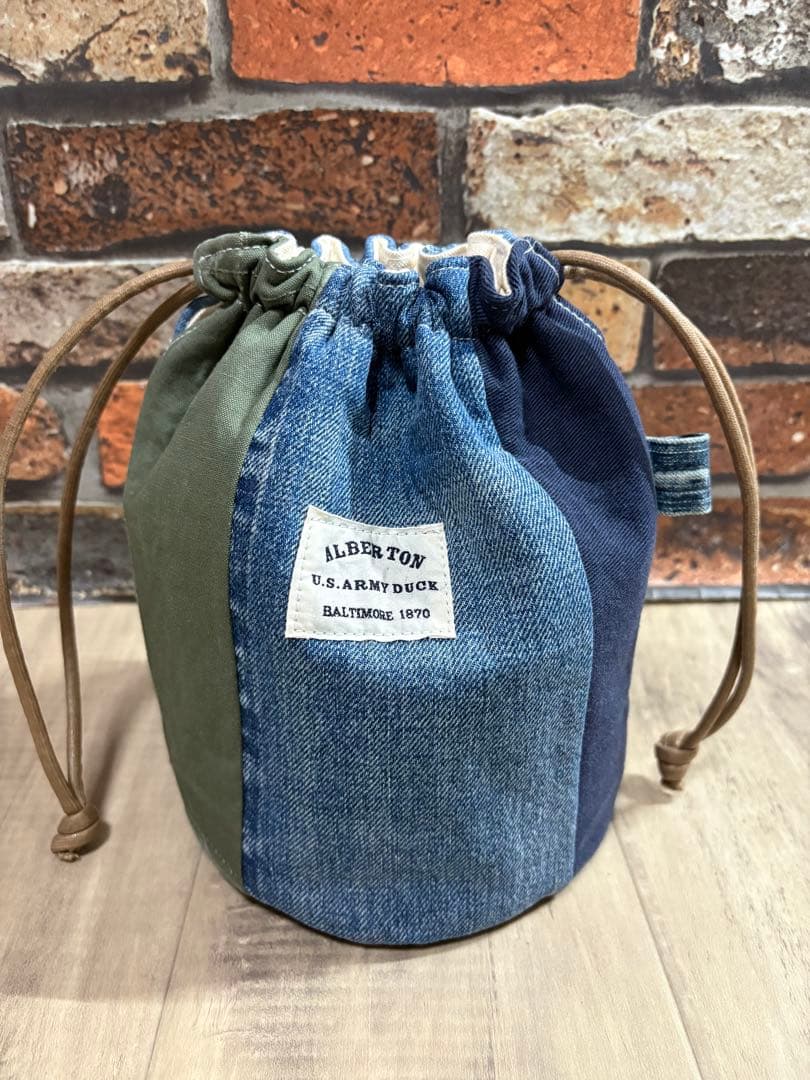 USEDデニム×ビンテージエプロン×本革リメイク　巾着バッグ