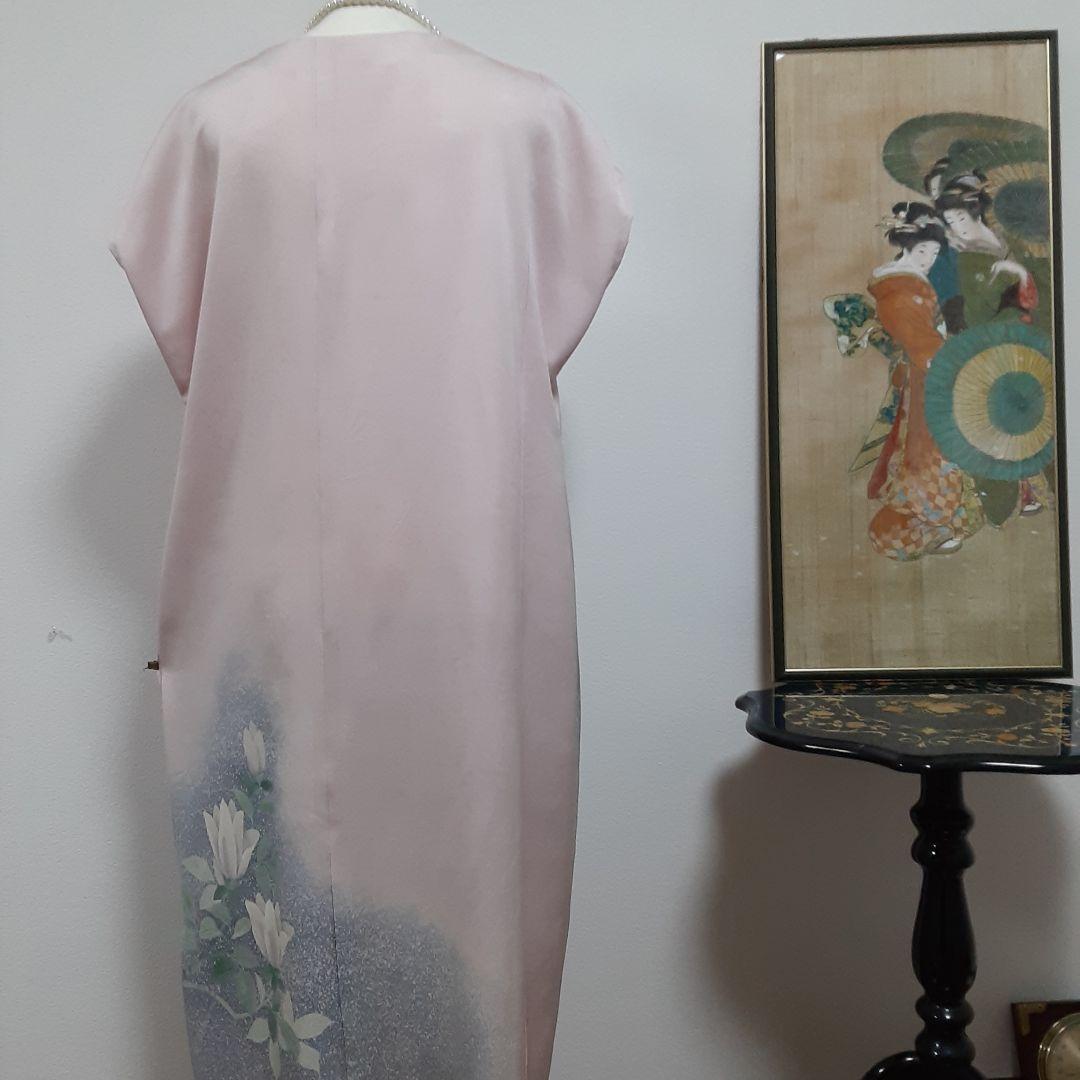 リメイク着物ロングワンピースボレロ付き正絹Ｌ着丈115センチ