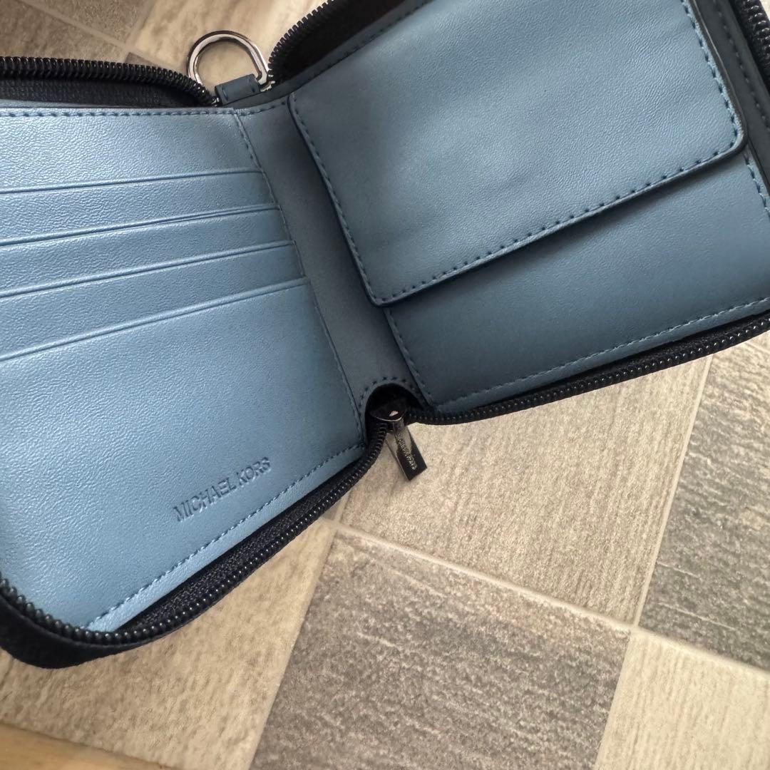 マイケルコース メンズ ジップ 折財布 チェーン付き デニムブルー