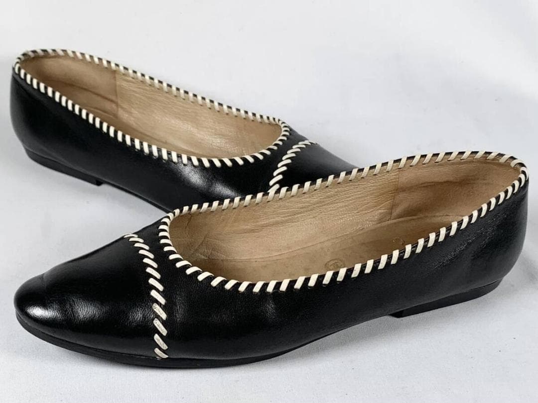 【正規】美品 シャネル CHANEL レザー パンプス フラットシューズ 6 黒