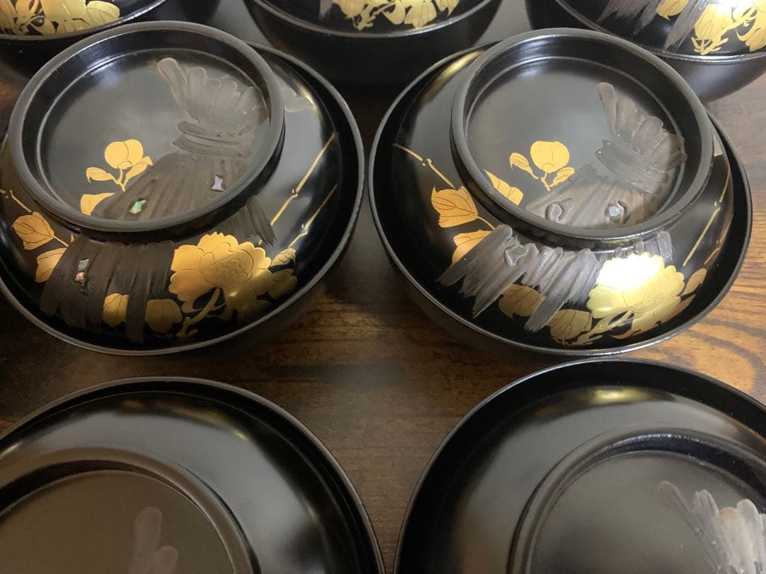 沈金蒔絵　木製漆塗吸物椀10客　時代物　お椀　汁椀　貝細工　芍薬　結び切り