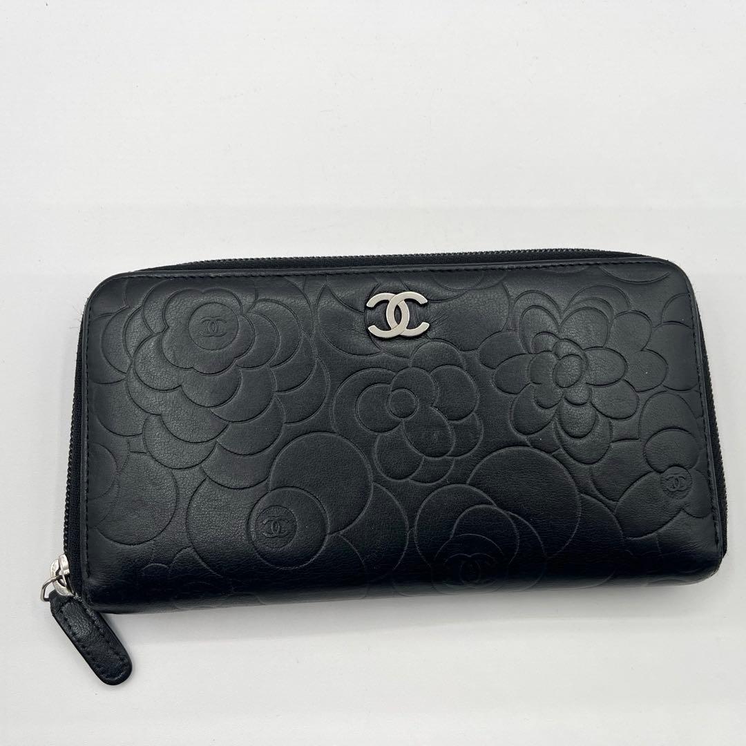 美品◎CHANEL カメリア 長財布 ラウンドファスナー レザー ブラック