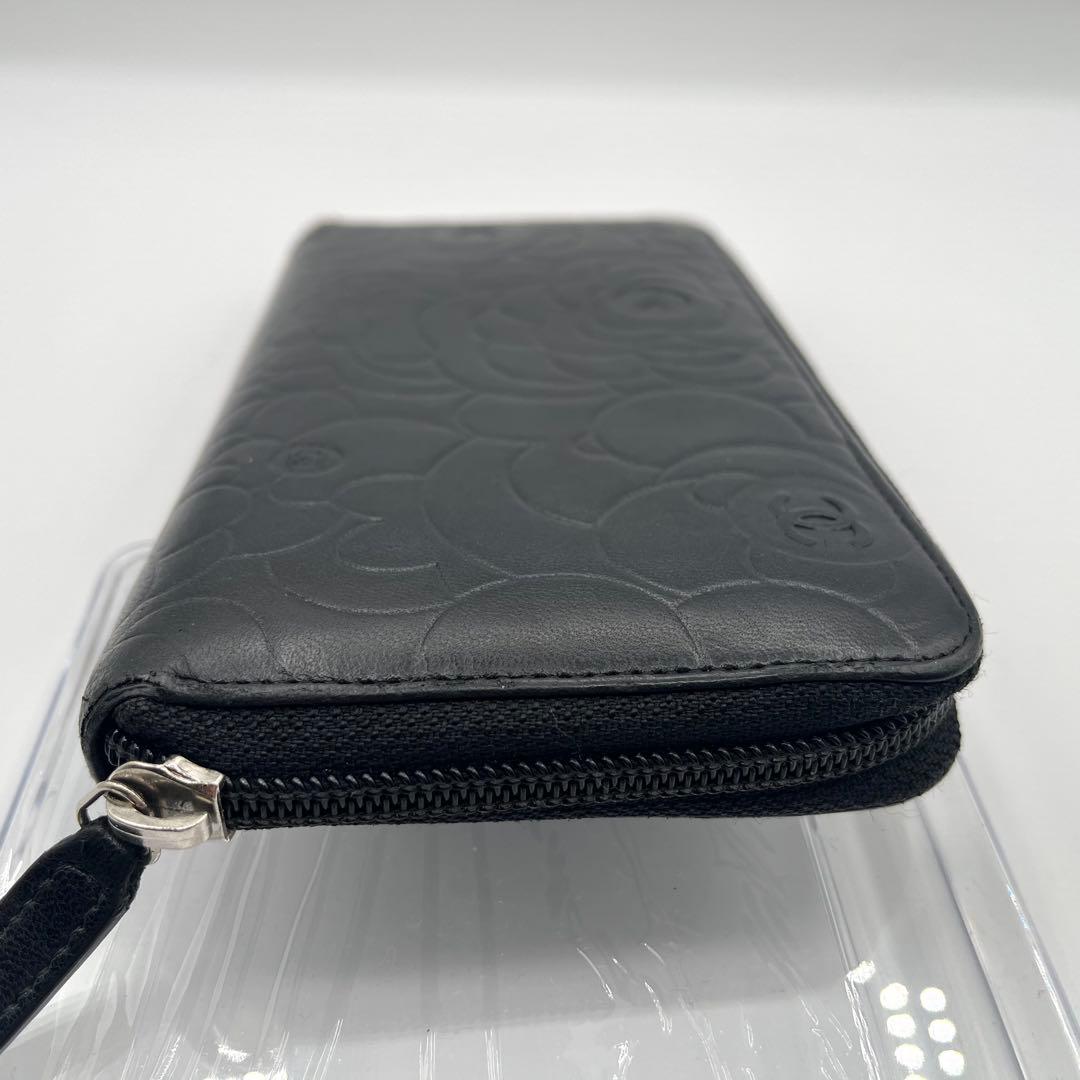 美品◎CHANEL カメリア 長財布 ラウンドファスナー レザー ブラック