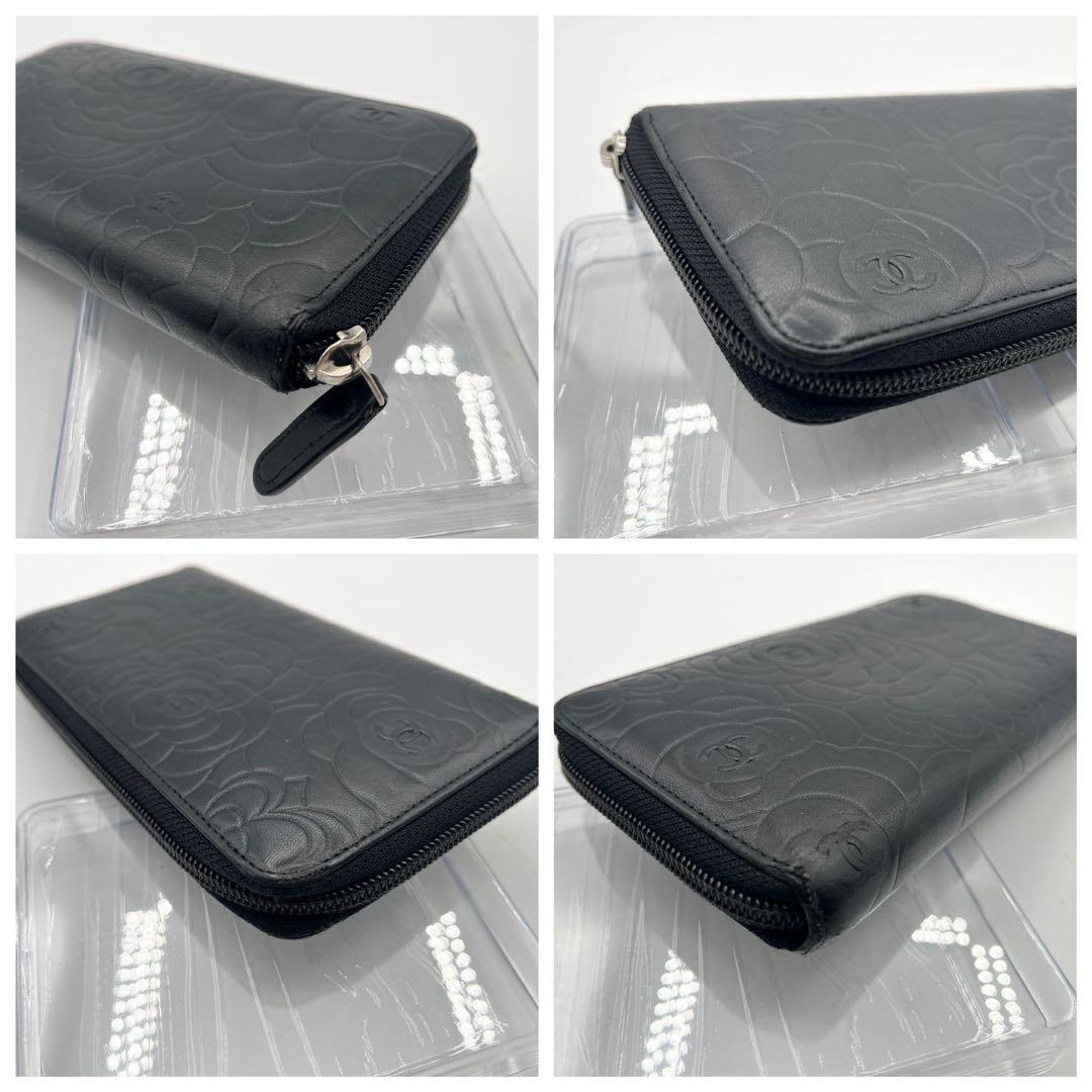 美品◎CHANEL カメリア 長財布 ラウンドファスナー レザー ブラック