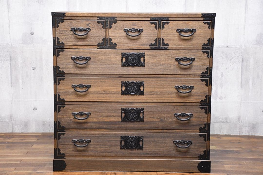 EFK86 焼桐調うづくり時代仕上げ 牡丹 ハイチェスト 5段 桐たんす 桐箪笥