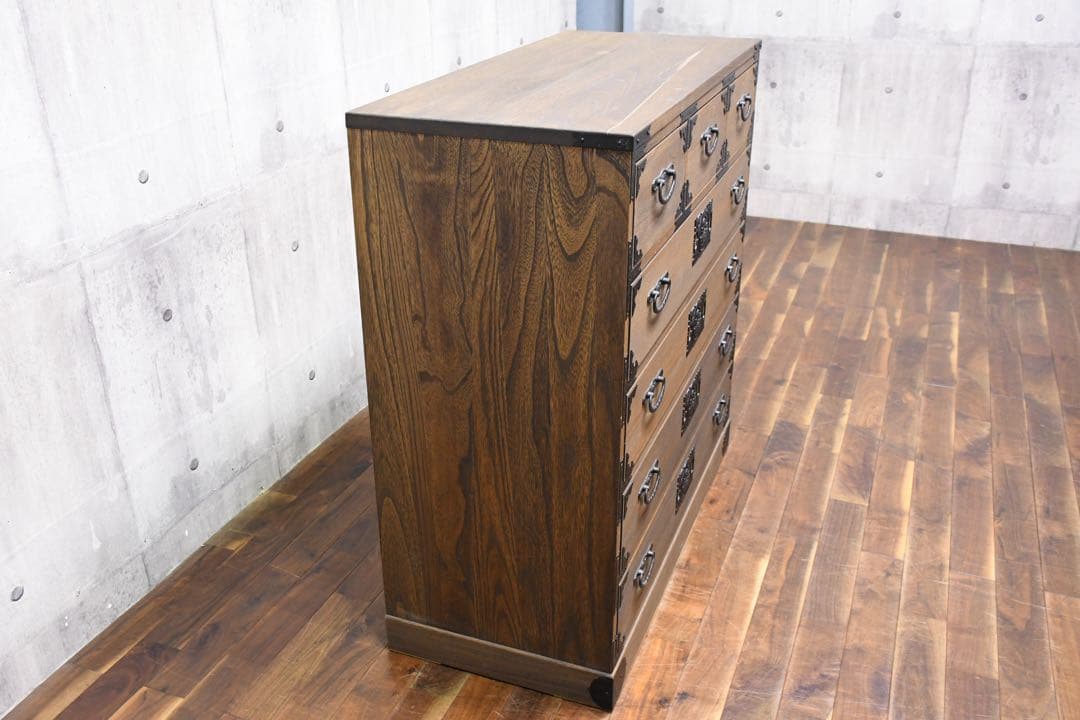 EFK86 焼桐調うづくり時代仕上げ 牡丹 ハイチェスト 5段 桐たんす 桐箪笥