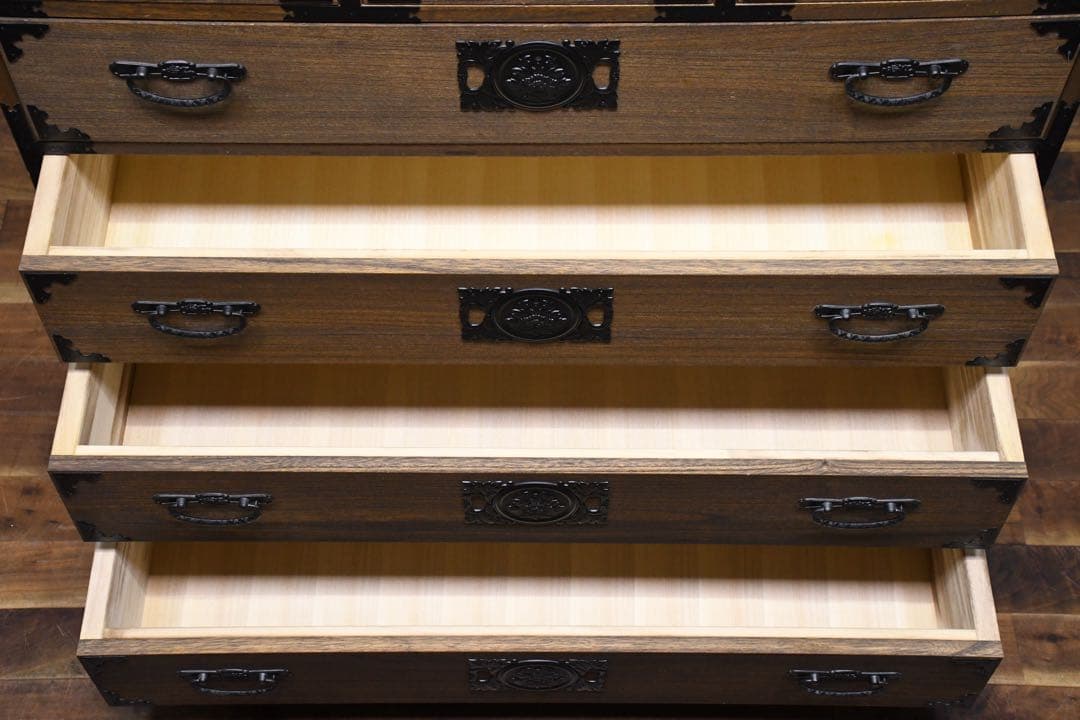 EFK86 焼桐調うづくり時代仕上げ 牡丹 ハイチェスト 5段 桐たんす 桐箪笥