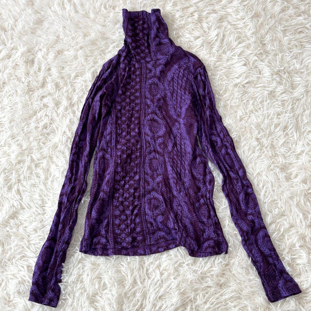 me イッセイミヤケ 転写 ケーブルニット 長袖カットソー ナイロン 紫 総柄