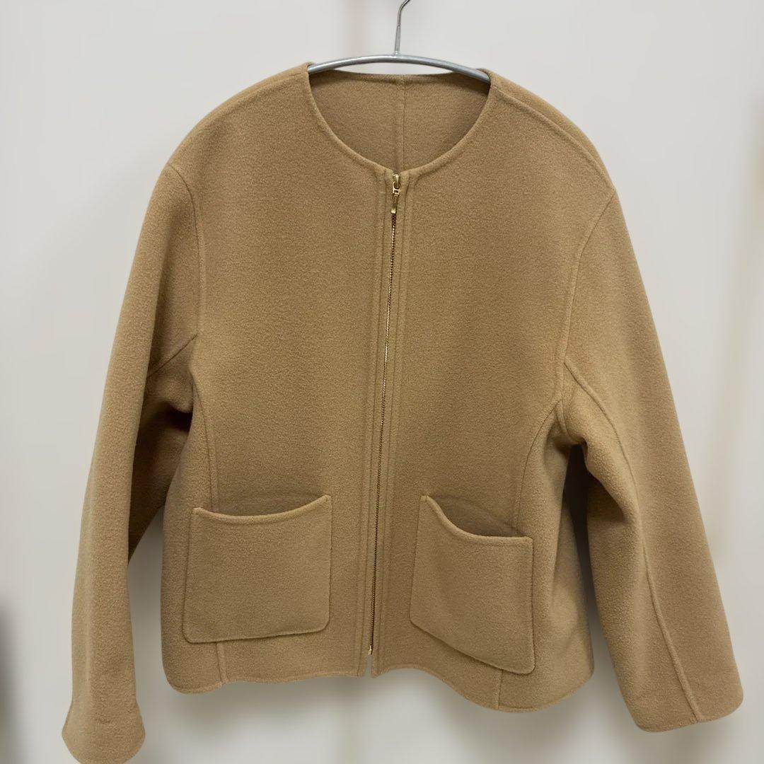 ノーカラーウールリバー明るめキャメルジャケット 3.6