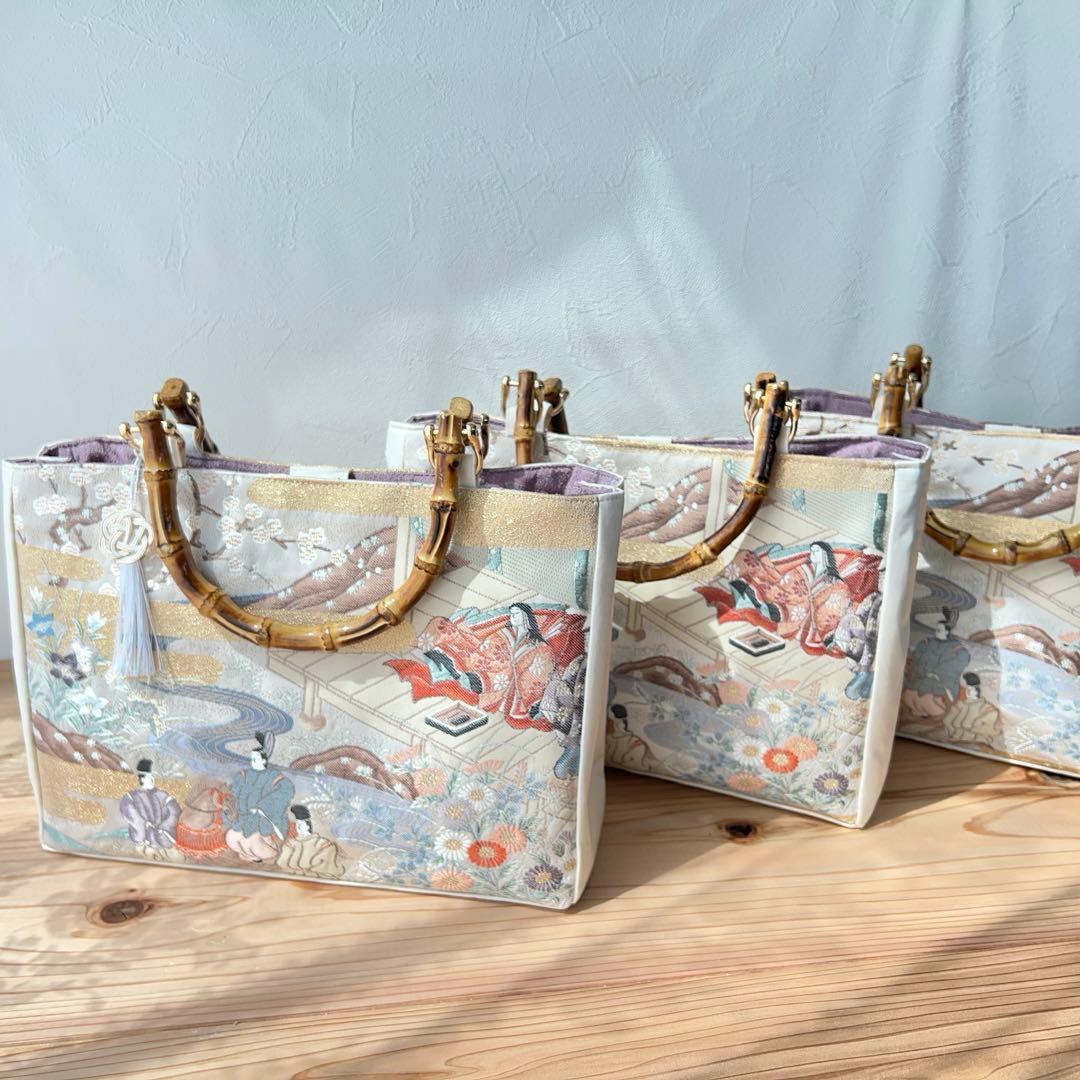 平安絵巻物バッグ 帯 リメイクバッグ 本金箔 バンブー トート 和装バッグ