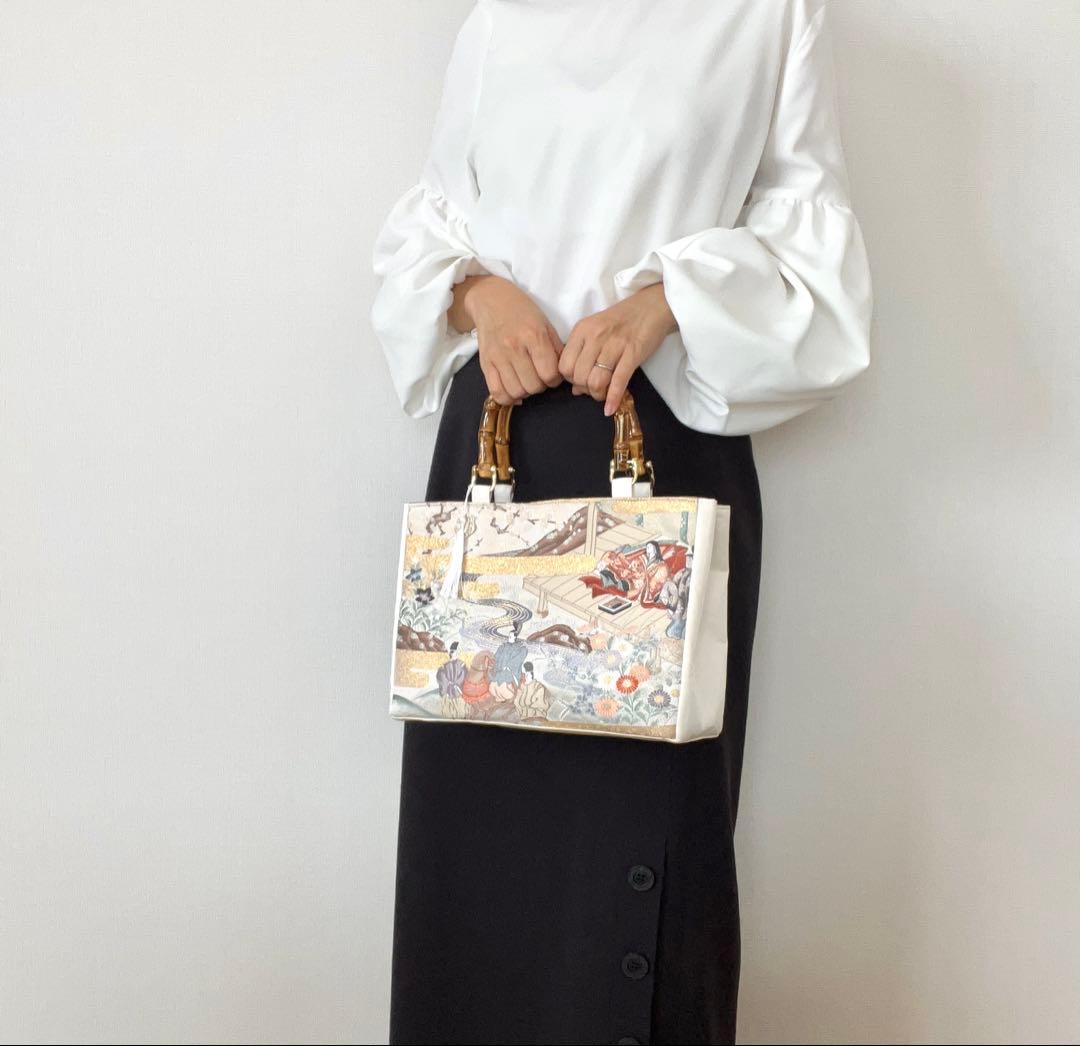 平安絵巻物バッグ 帯 リメイクバッグ 本金箔 バンブー トート 和装バッグ