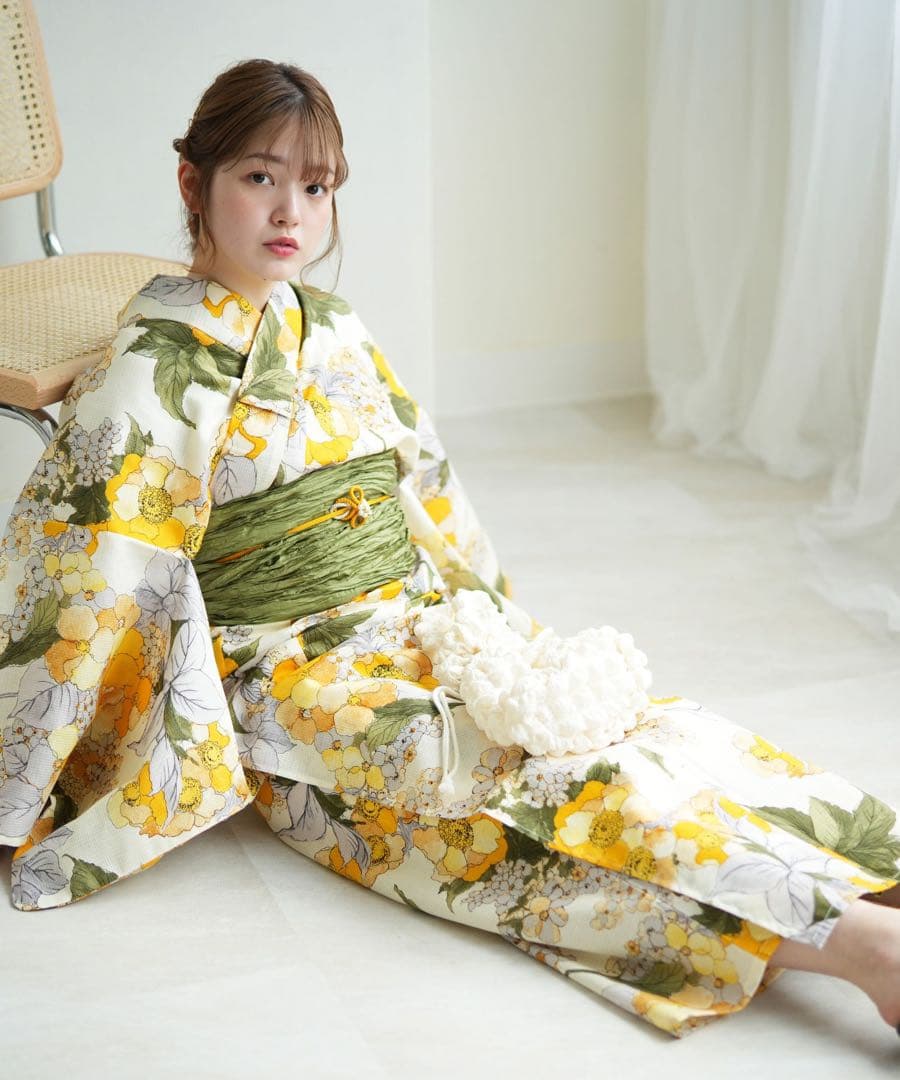 ウタタネ　花柄浴衣・帯セット（黄色・緑）