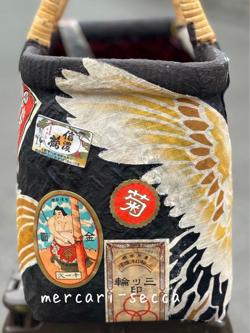 漆塗り一閑張りバッグ　鶴と亀　昭和レトロラベル