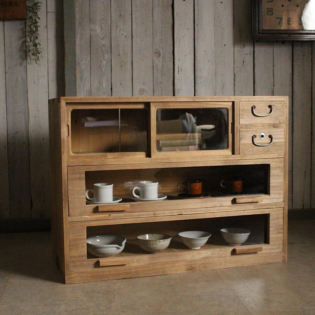 前面ガラスの引き出し2段×ガラス戸棚×木製小引き出し2段