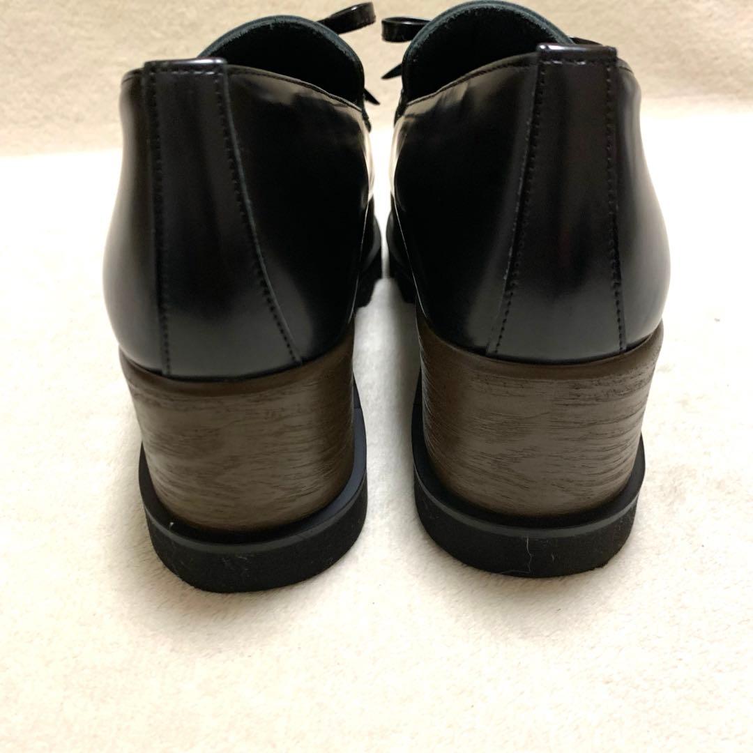 美品【ヒルズアベニュー】リアルレザー　厚底シューズ シャークソール　リボン