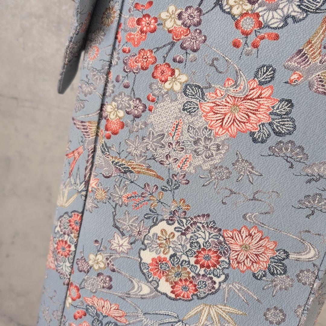 小紋　フルセット　着物　正絹　グレー水色地　鳥　花　彩　バチ衿　着物生活　E1