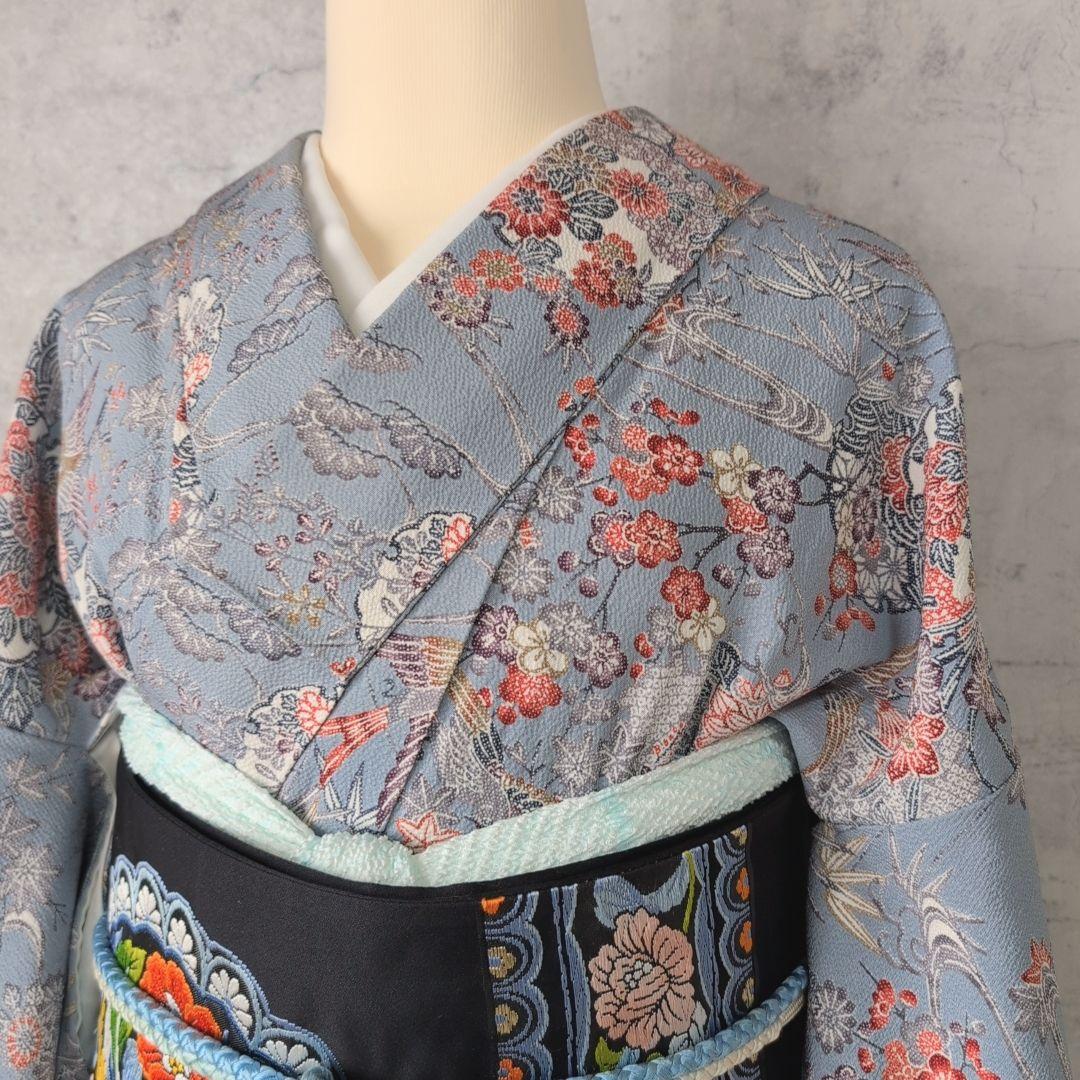 小紋　フルセット　着物　正絹　グレー水色地　鳥　花　彩　バチ衿　着物生活　E1
