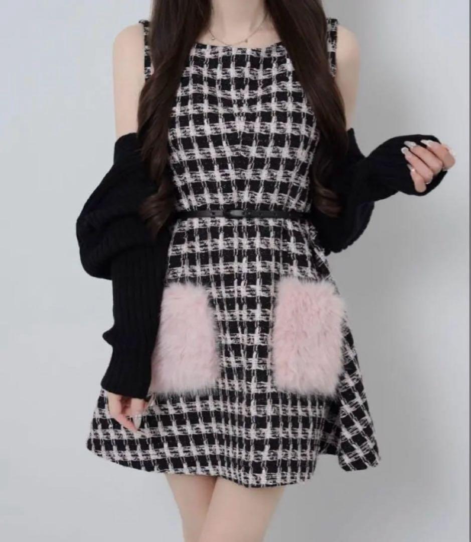 lumignon Tweed pocket fur dress ピンク S