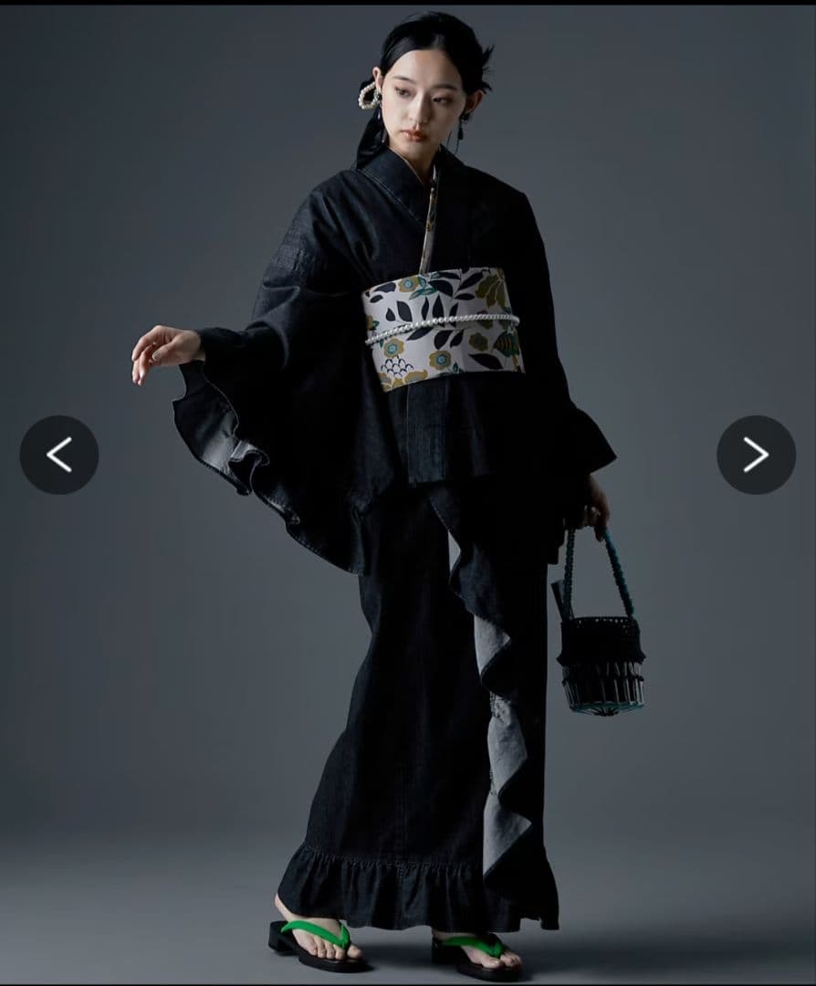 綿100％デニム浴衣(花柄半襟付き)+帯　 GEVS.