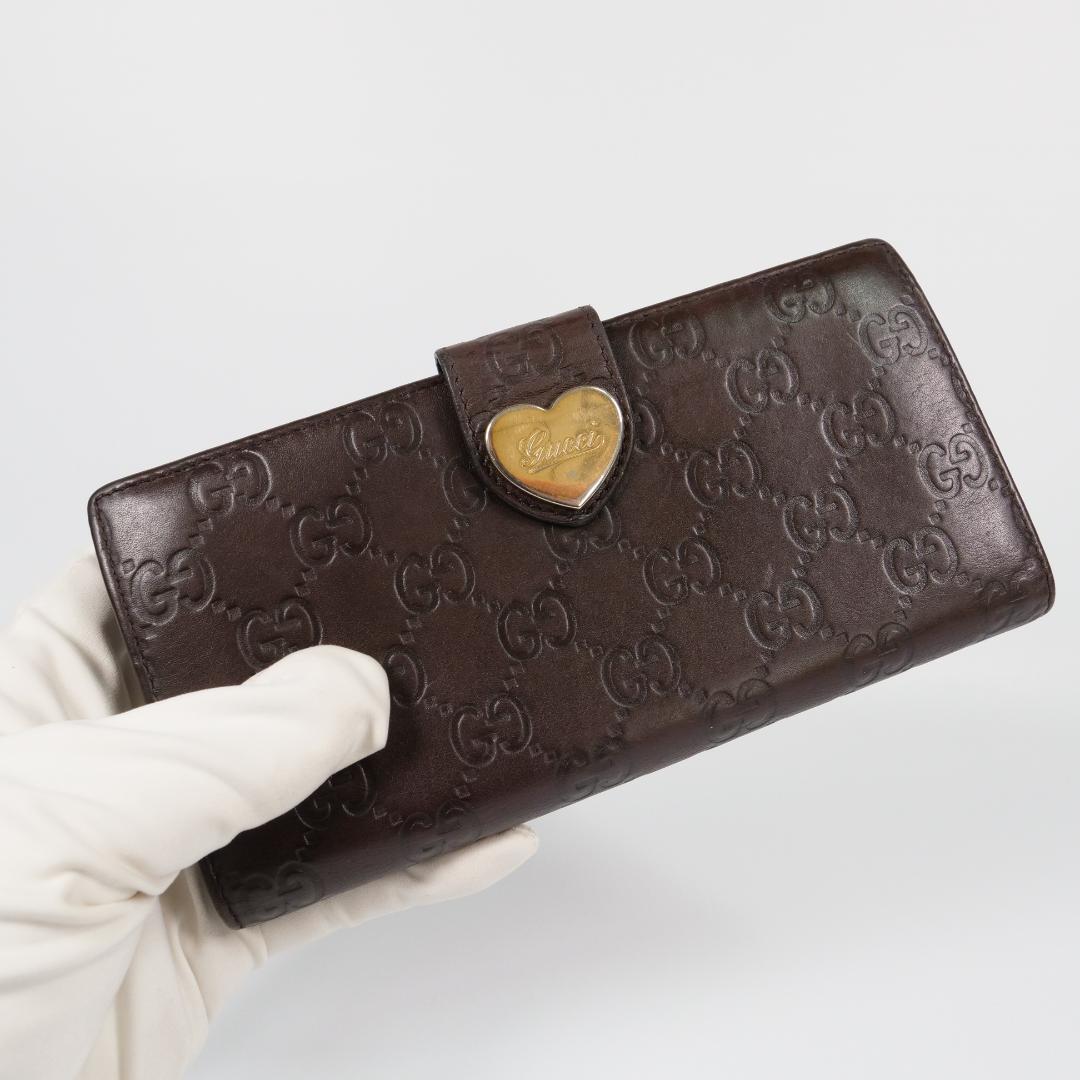 美品✨ GUCCI グッチ 長財布 シマ ハート GG レザー ダークブラウン