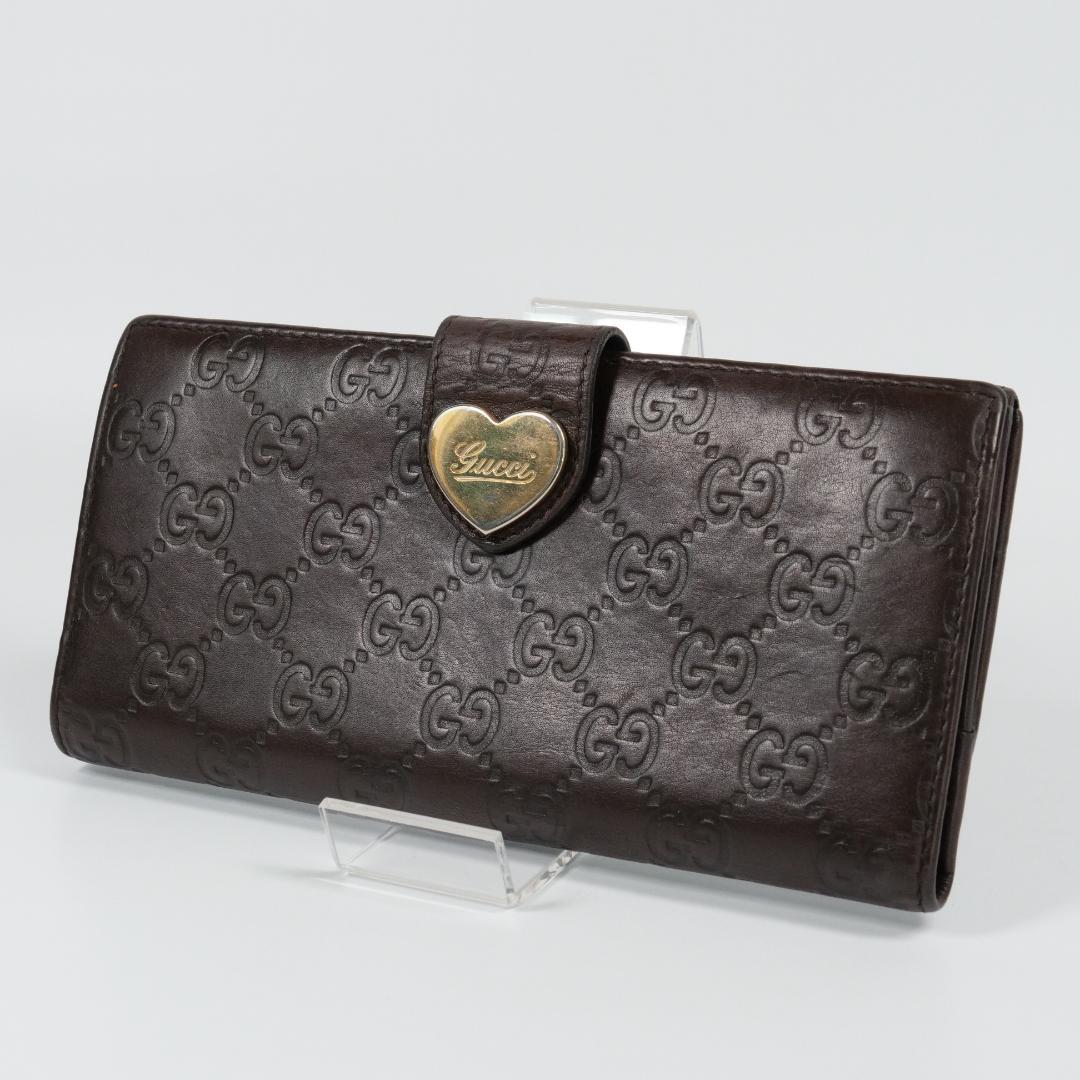 美品✨ GUCCI グッチ 長財布 シマ ハート GG レザー ダークブラウン