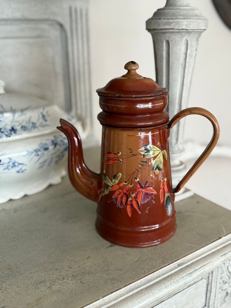 フランスアンティークホーロー秋色茶色グラデーションフクシア柄コーヒービギンポット