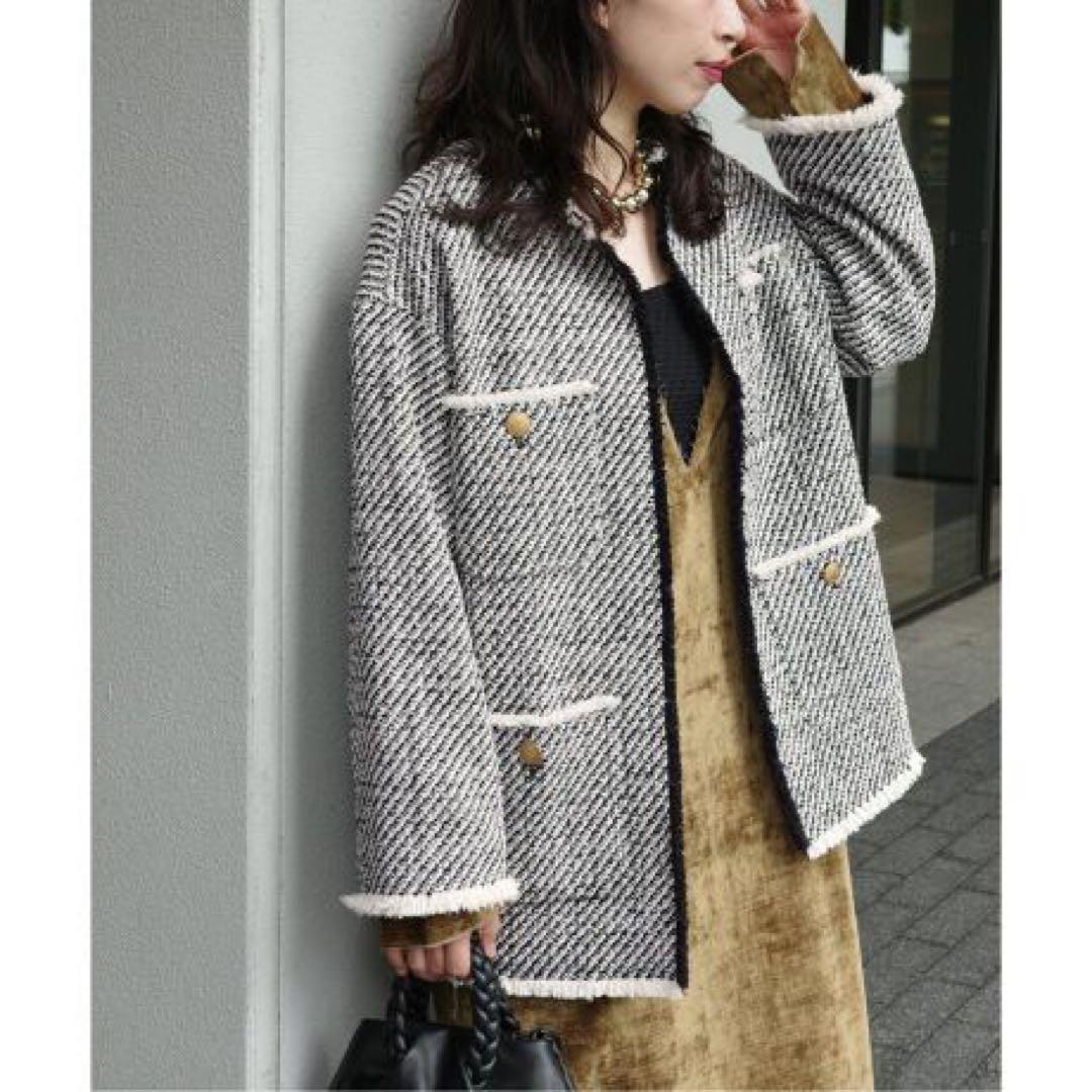 GIOLICAツイードBIGジャケットカラー ブラック A