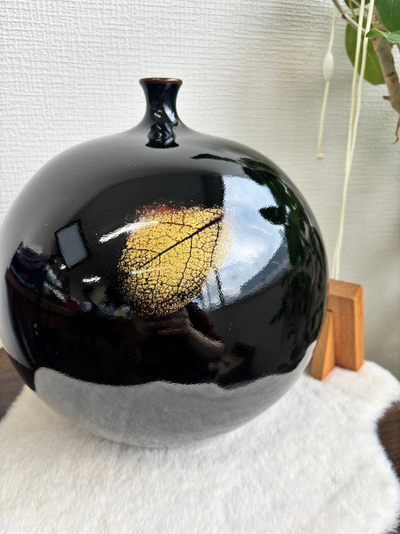 【共箱・真作保証】藤井朱明作 天目木の葉壺 高さ約25cm｜日本陶芸名家｜美品