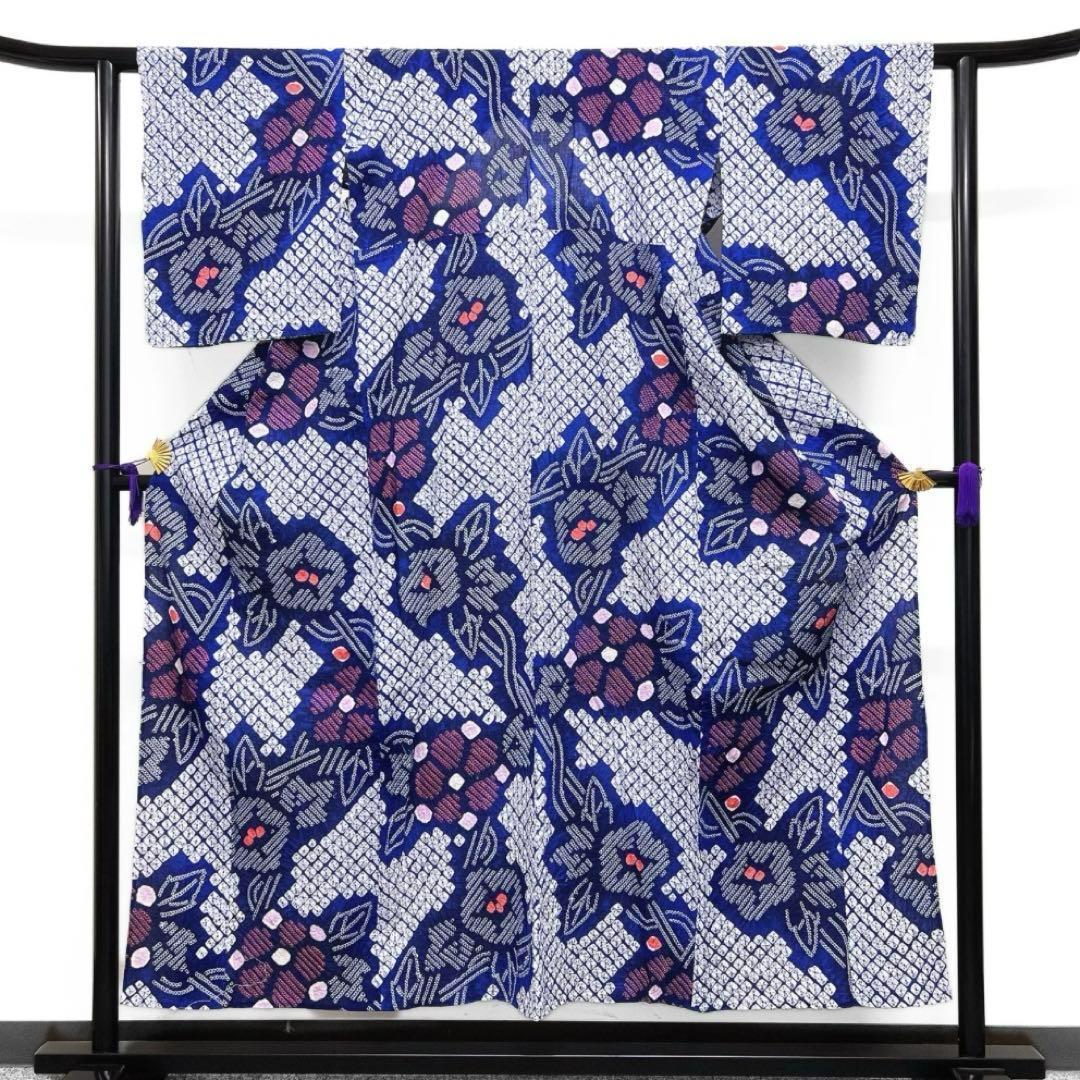 浴衣　有松鳴海絞り　朝顔　花模様　蔦　鹿の子　着物　064w d