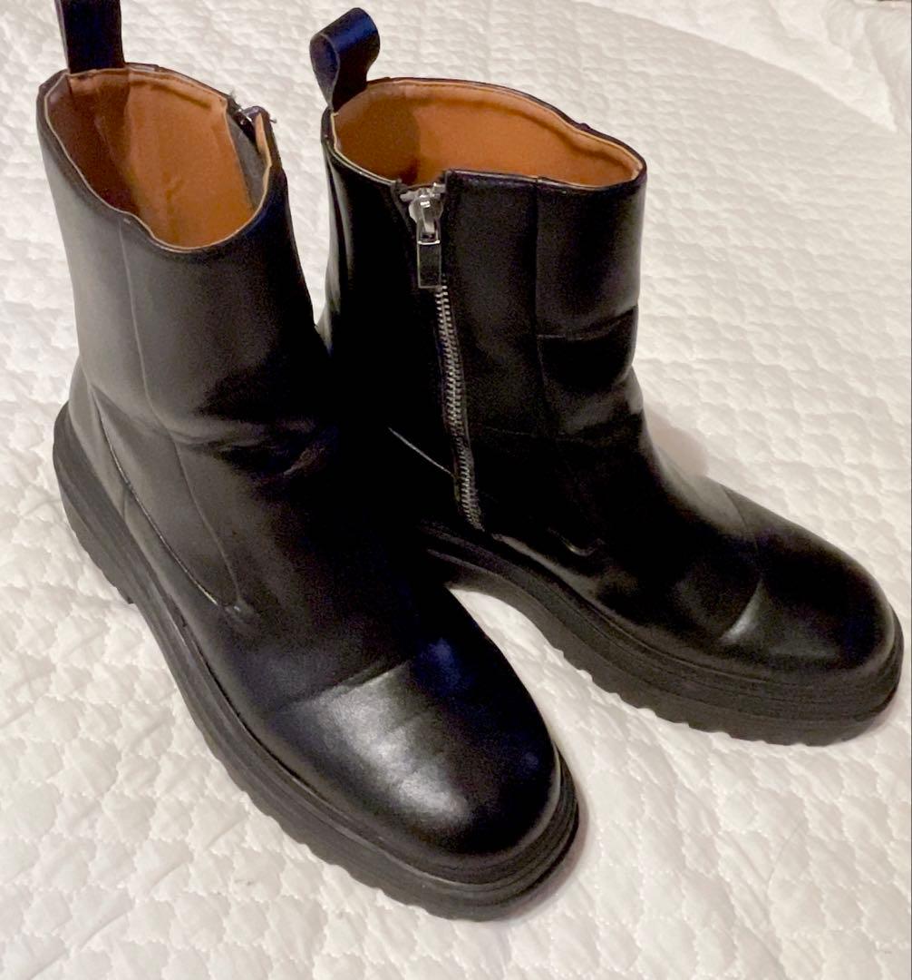 ZARA サイドジップ ブーツ 厚底 トラックソール ブラック レザー