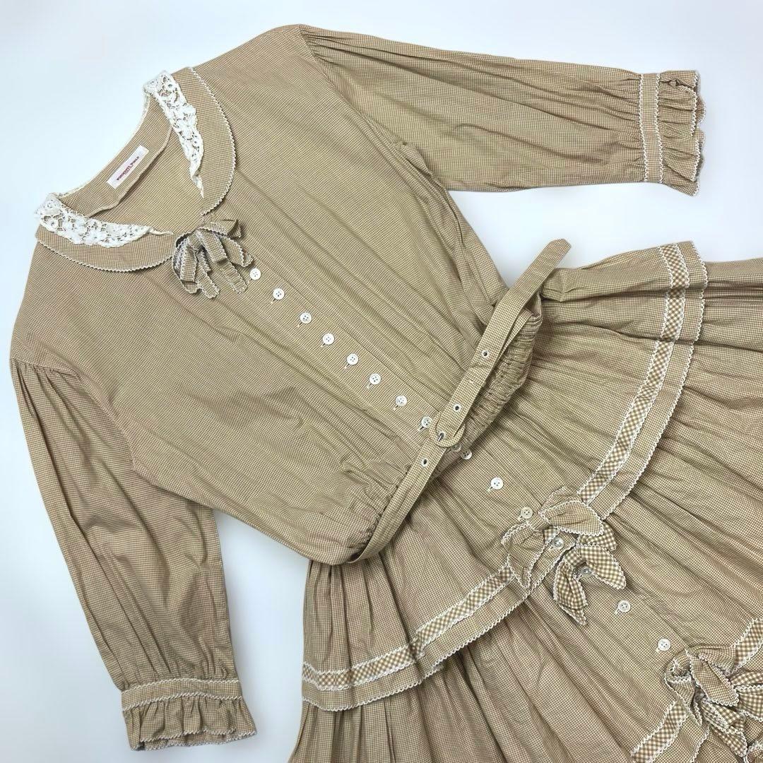 ワンダフルワールド ベージュギンガムチェック 段々ワンピース