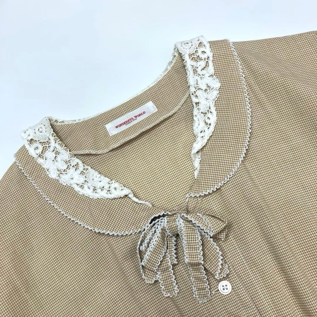 ワンダフルワールド ベージュギンガムチェック 段々ワンピース