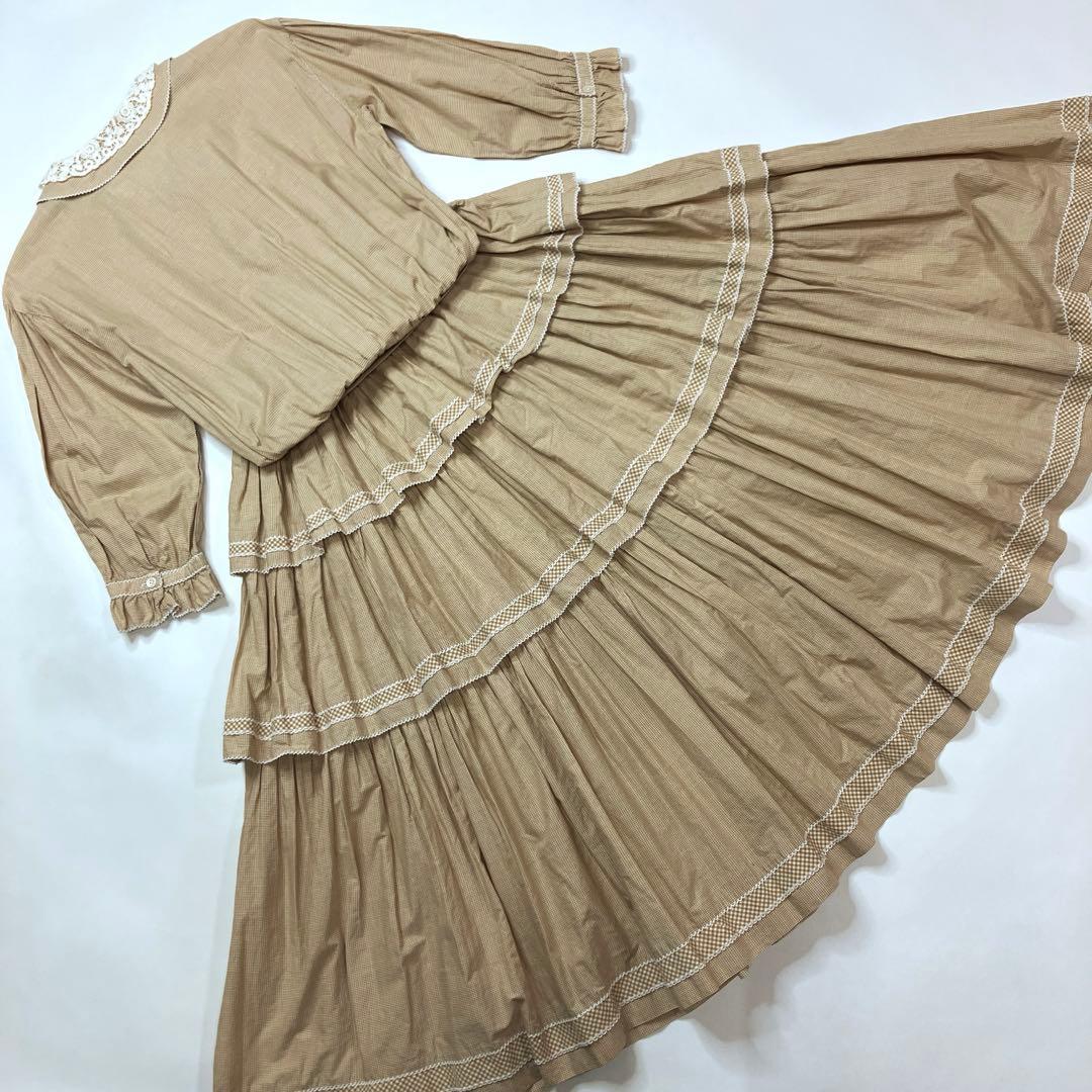 ワンダフルワールド ベージュギンガムチェック 段々ワンピース