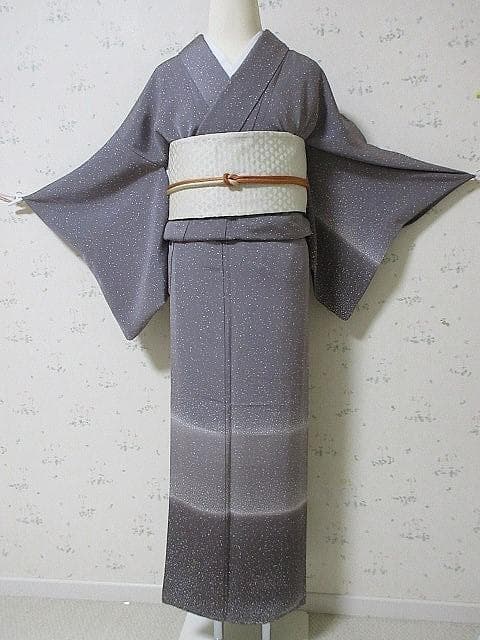 付け下げ小紋：美品：アラレ小紋・グレー・アズキ色：袷正絹：７号：P30